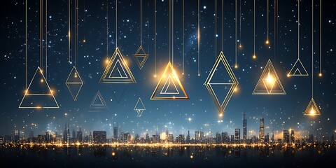 Dreamy cityscape with golden geometric ornaments and starry sky allure