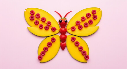 A butterfly made from mango slices and raspberries on a pink background