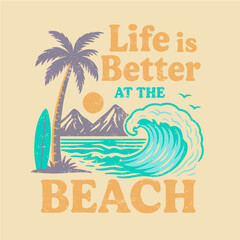 Beach good vibes. Enjoy beach life. Sunshine beach club for t shirt print, Surfing board. Sunshine paradise graphic print design.