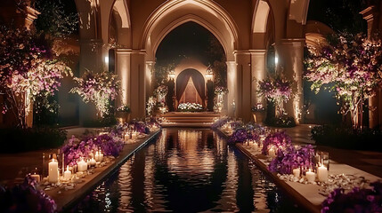 Luxurious wedding scenes in elegant natural and architectural settings, surrounded by florals, candlelight, and evolving romantic atmospheres...