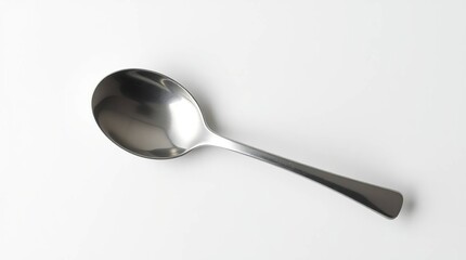 A stainless steel soup spoon sits on a plain white background.  The spoon's bowl is rounded and the handle is slender, reflecting light.  Clean, simple design