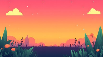 Sunset landscape with stylized plants and clouds.