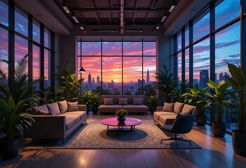 Elegant loft space, urban skyline sunset view, with natural light design