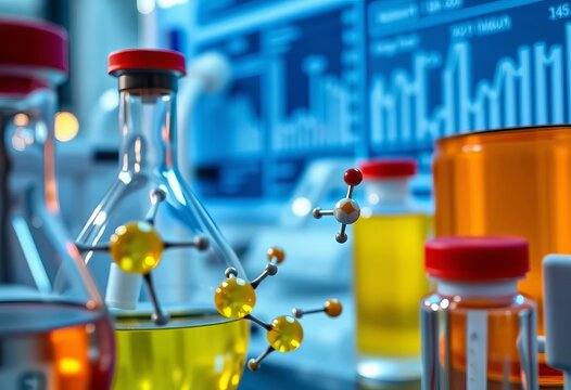Close-up view of scientific lab equipment, molecules, and data analysis charts, science,  burette