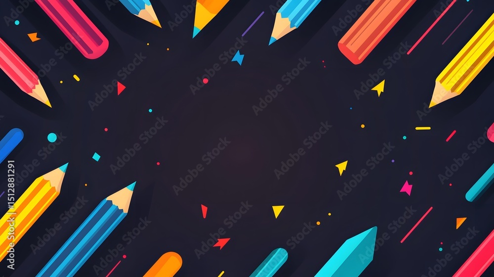 Poster colorful pencils arranged in a dynamic pattern.