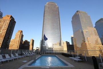 Urban oasis rooftop pool cityscape view