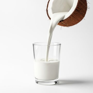 Coconut milk is poured from the nut on white bround