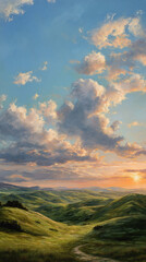 Obraz premium A serene landscape painting featuring rolling green hills and a dramatic sky filled with fluffy clouds