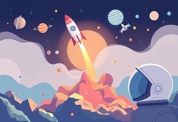 Naklejka premium Flat vector illustrations of rocket launching, spaceship, satellite, planets, stars, and astronaut helmet; perfect for startup projects, technology, star