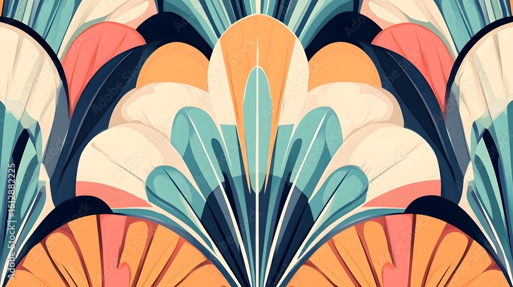 Poster colorful layered design with overlapping shapes.