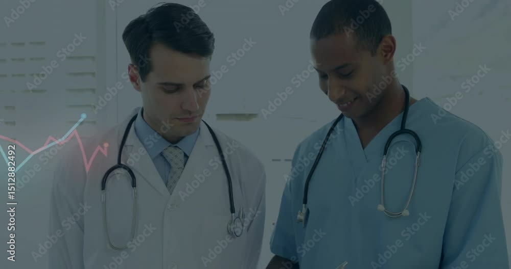Poster white-coated doctor pointing form line, team annotating notes with pulsing ecg graph reviewing data