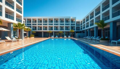 Hotel swimming pool, clear blue water, sun-drenched tiles, inviting oasis,  poolside,  refreshing
