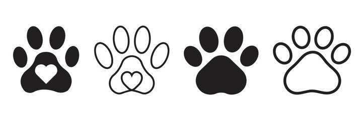Pet paw icon set. Footprints, cat or dog paw icon silhouette vector illustration. Paw icon outline. Vector illustration.