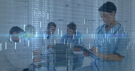 Female doctor writing on clipboard and guiding team examining laptop with patient data overlays - Powered by Adobe