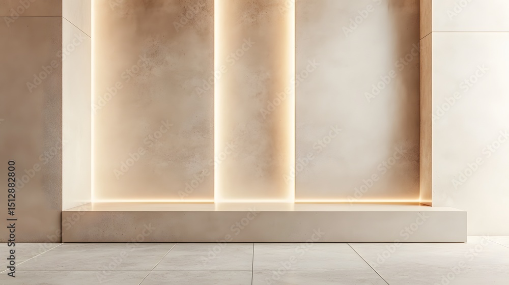 Poster empty beige display platform with illuminated wall panels.