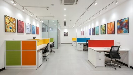 Bright office space with colorful cubicles and modern artwork on walls