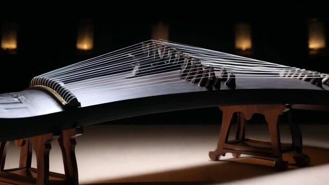 Elegant traditional stringed instrument, Chinese zither on wooden stand, dark background with soft light creating artistic mood