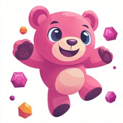 Fototapeta premium Playful Pink Teddy Bear Jumping with Colorful Gems Cartoon Illustration