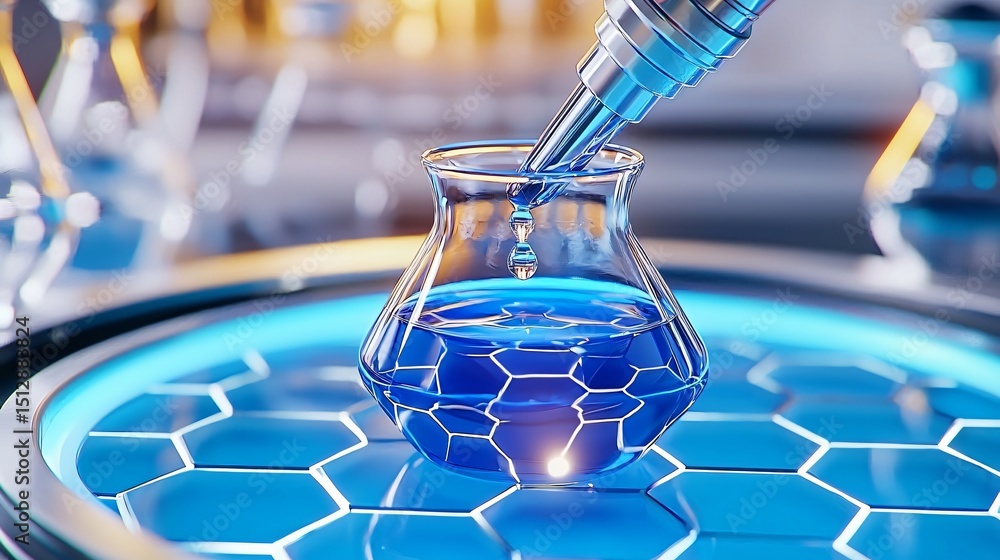 Poster scientific experiment blue liquid dropping into erlenmeyer flask in modern lab setting