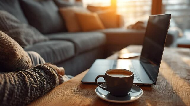 Cozy home office scene with a laptop, coffee, and a soft grey sofa