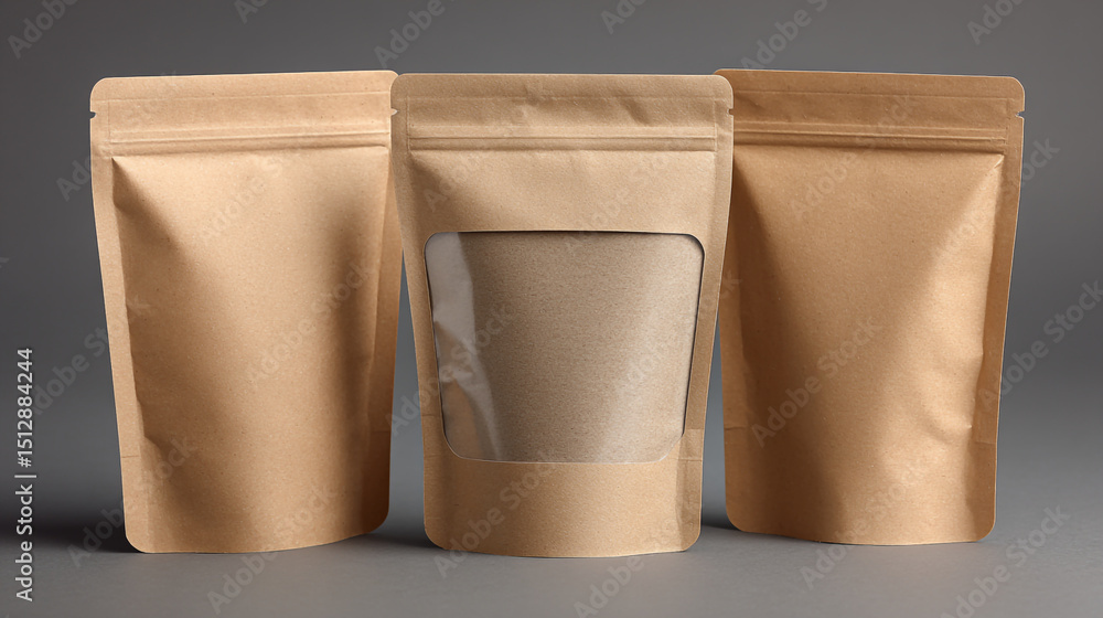 Poster three brown paper pouches standing on a gray surface with one having a transparent window front
