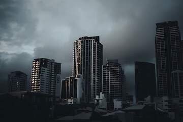 Urban silhouettes under ominous stormy skies