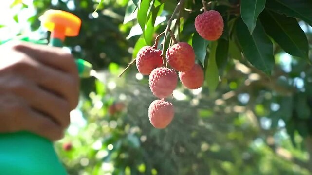 spraying pesticide on litchi fruit with a bottle.