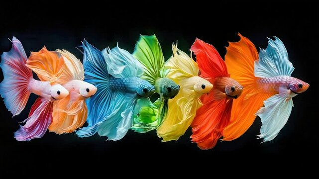 Vibrant betta fish in a spectrum of colors against a black backdrop.  Each fish displays its wide, flowing fins in a dynamic pose