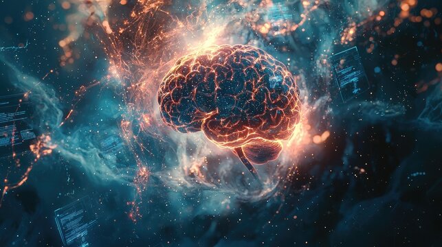 A highly detailed human brain suspended in mid-air inside an abstract futuristic background, with glowing neural networks branching out like galaxies, floating 