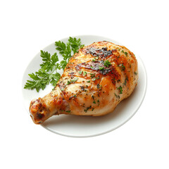 Roasted Chicken Leg Quarter with Parsley Garnish on White Plate