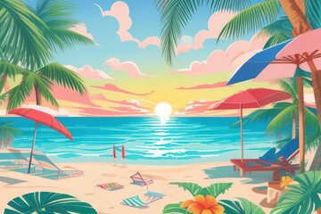 Fototapeta premium Summer Vacation Beach Illustration — Flat Vector with Palm Trees, Coconut Drink, and Sunset