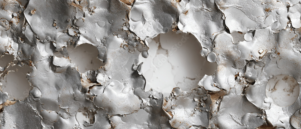 Poster a close up view of a textured surface with peeling white paint and visible underlayer details presen