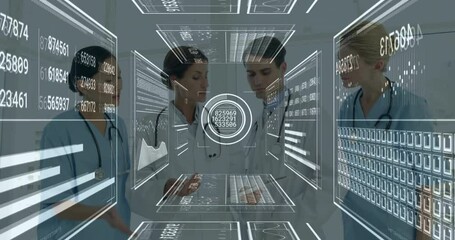 Med team in corridor, grid forming panels aiding analysis, doctor tapping, interface collapsing - Powered by Adobe