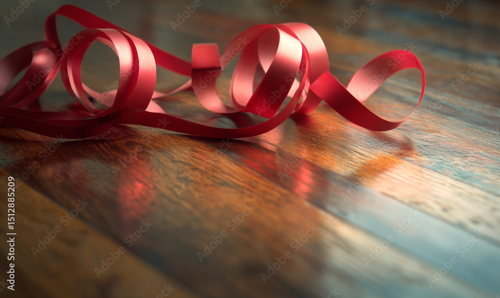 Poster a close up of a shiny red ribbon curled and looped on a wooden surface with a blurred background loo