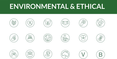 Ethical Sustainable Vegan Icons, Fair Trade, Sustainability Minimal Icon Set. Vector Icons of Ethical Practices, Eco-Friendly Products, Environmental Impact, Vegan, B-Corp, Line Art Icons