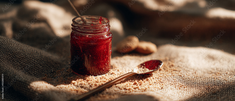 Poster a jar of red jam with a spoon and nuts on a burlap surface in soft light creating a rustic ambiance