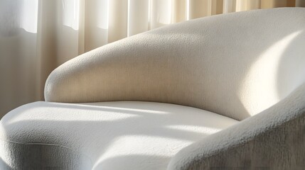 Close-up view of a curved, light beige upholstered chair.