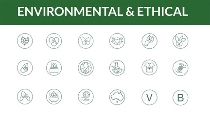 Ethical Sustainable Vegan Icons, Fair Trade, Sustainability Minimal Icon Set. Vector Icons of Ethical Practices, Eco-Friendly Products, Environmental Impact, Vegan, B-Corp, Line Art Icons