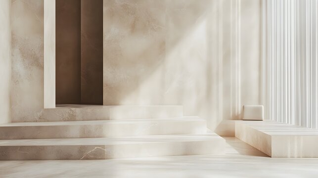 Light-filled interior with steps and a podium.