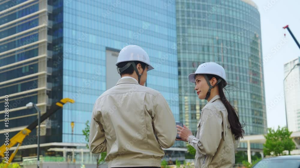 Aufkleber 建設現場でタブレットを見ながら打ち合わせする男女エンジニアのグループ