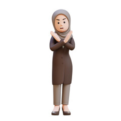3D muslim business woman character crossing hand showing stop refusal sign