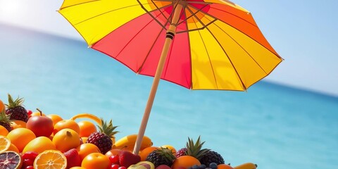 A vibrant beach umbrella casts a shadow on a background of colorful summer fruits, pattern, shade