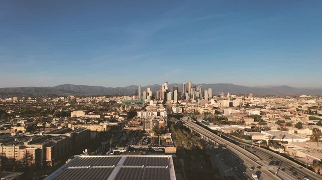 4K drone Video of downtown Los Angeles during sunset as a stablishing shot 4K