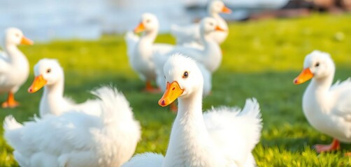 Adorable fluffy white geese, cartoon style vector illustration,  happy,  graphic design