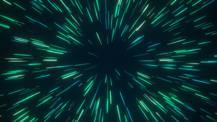 Green glowing light trails converging to center, abstract digital warp speed or hyperspace tunnel background