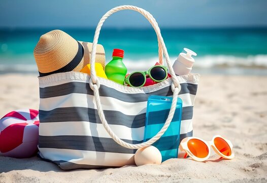 Beach essentials packed in a striped tote bag, ready for summer fun, magazine, summer fun - Powered by Adobe