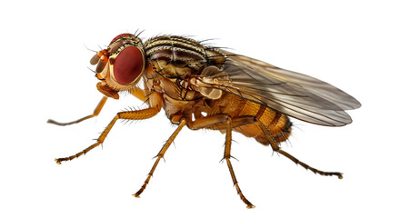 Striking macro of a fruit fly with prominent red eyes and striped thorax