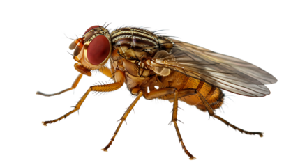 Striking macro of a fruit fly with prominent red eyes and striped thorax