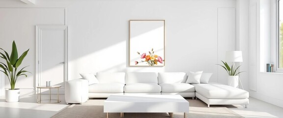 Bright white living room, minimalist white sofa, stylish poster on wall, white sofa, white