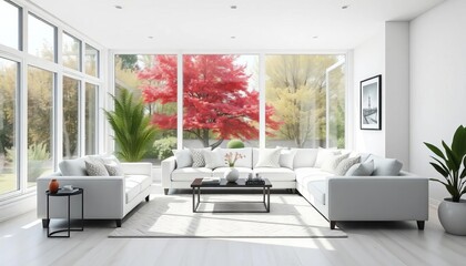 Bright white living room, minimalist sofa by large windows,   home interior,  home